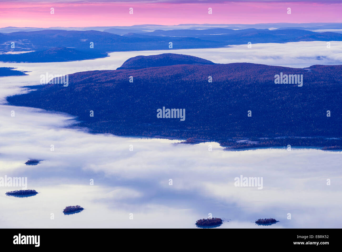 morning mist over Lake Laitaure, Sweden, Lapland, Norrbotten Stock Photo