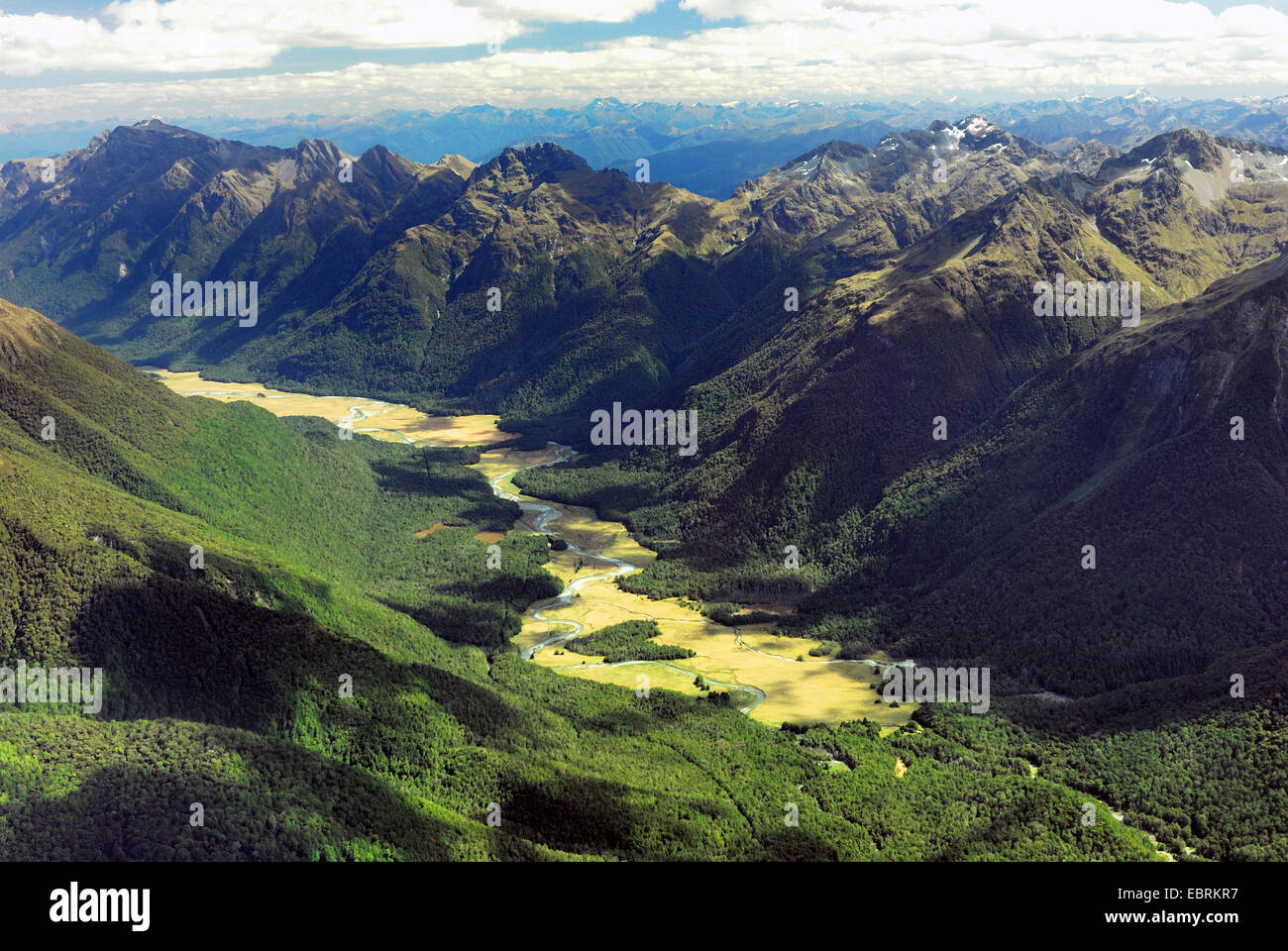 aerial view of a valley in the Fjordland National Park, New Zealand, Southern Island, Fjordland National Park Stock Photo