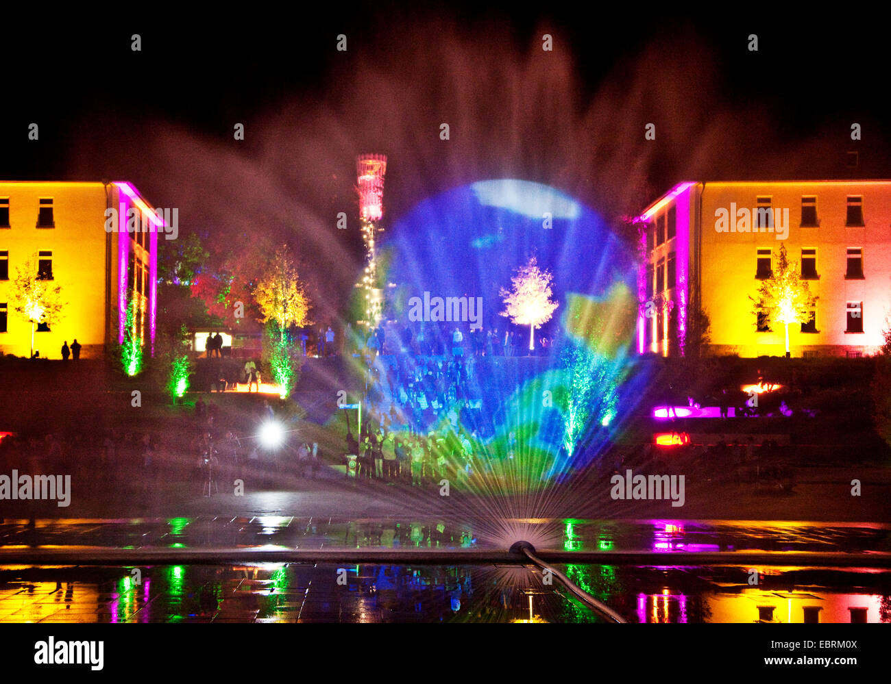 projection of a globe onto a water curtain during the 'Light Gardens' Event at the Sauerland Park, Germany, North Rhine-Westphalia, Sauerland, Hemer Stock Photo