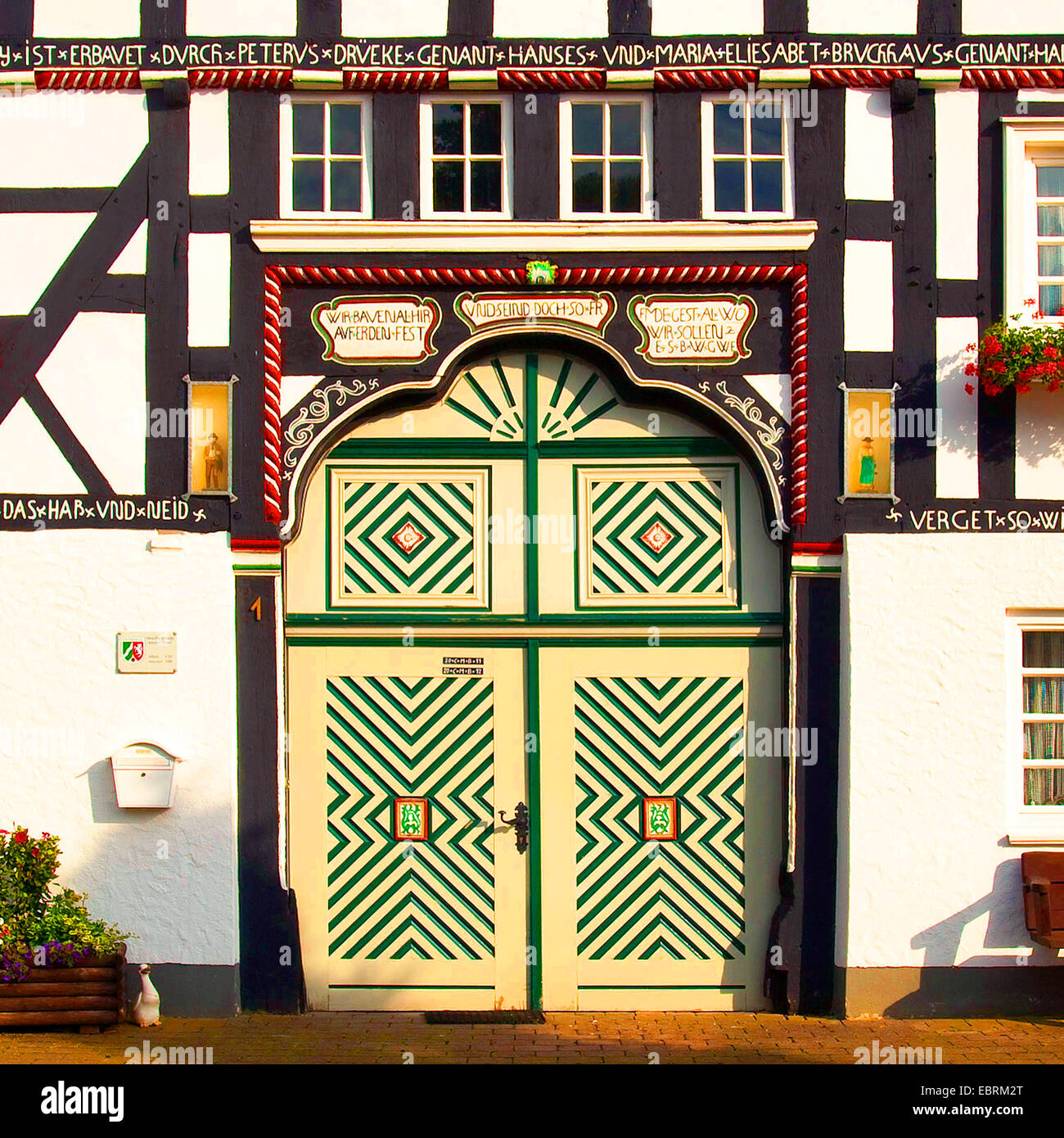 Front door of a timbered house in Kirchveischede, Germany, North Rhine-Westphalia, Sauerland, Lennestadt-Bilstein Stock Photo