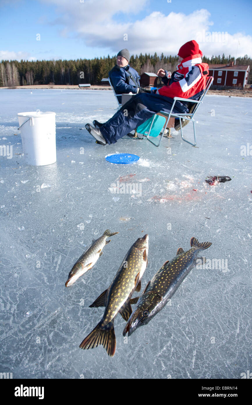 ice fishing on frozen lake, Sweden Stock Photo