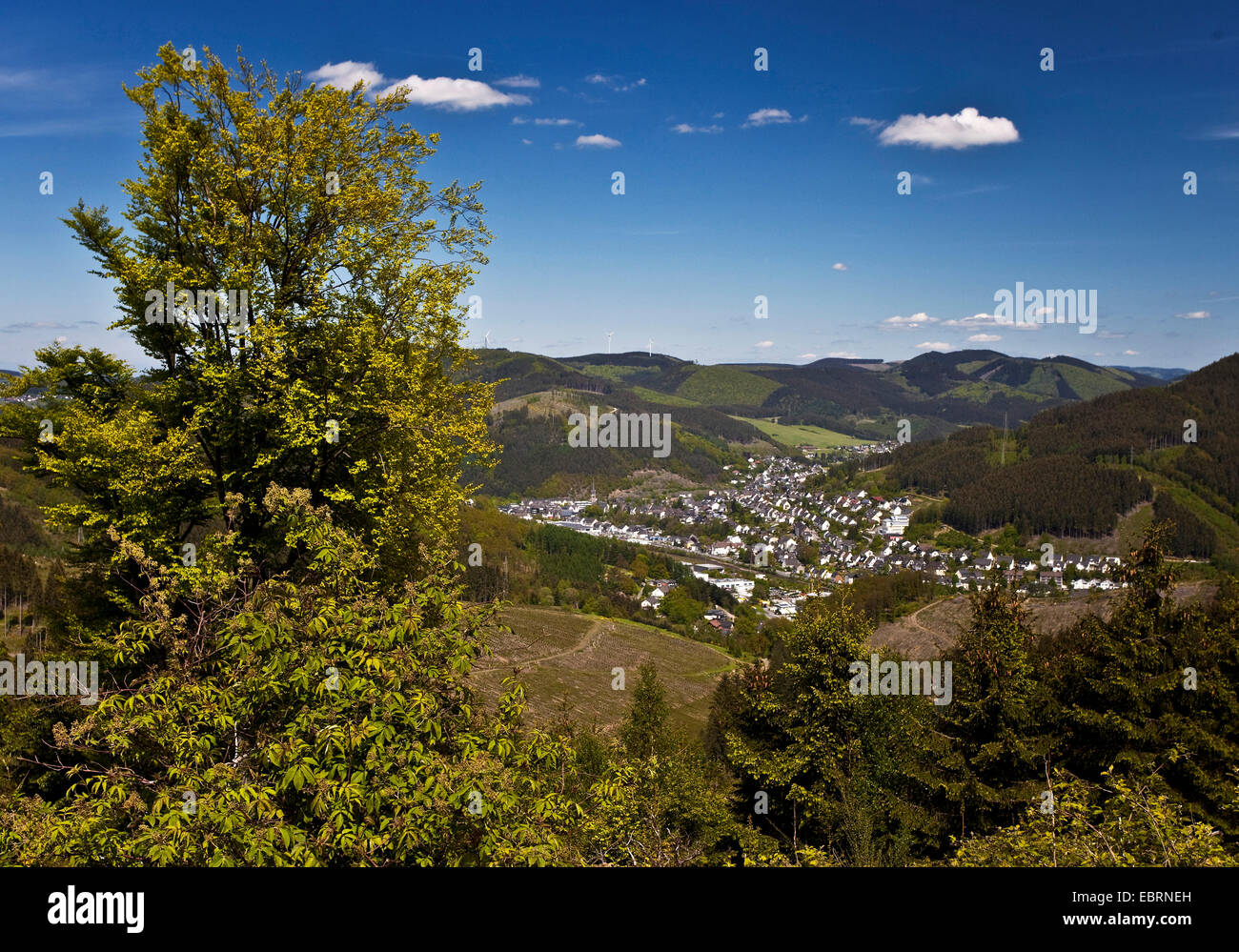 panoramic view from thelook-out Hohe Bracht at the distant district Altenhundem, Germany, North Rhine-Westphalia, Sauerland, Lennestadt-Bilstein Stock Photo