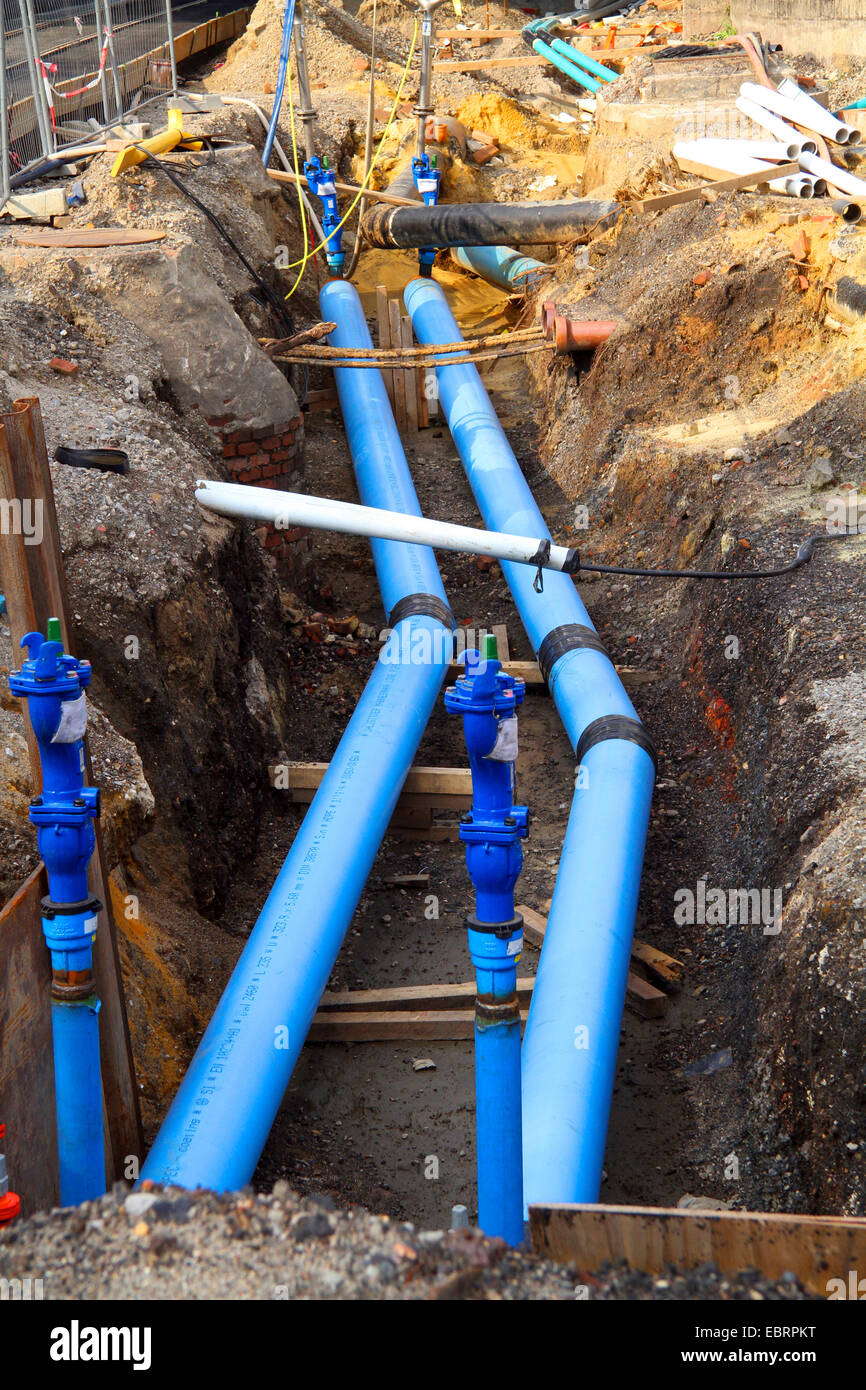 building site with laid waterpipes, Germany Stock Photo