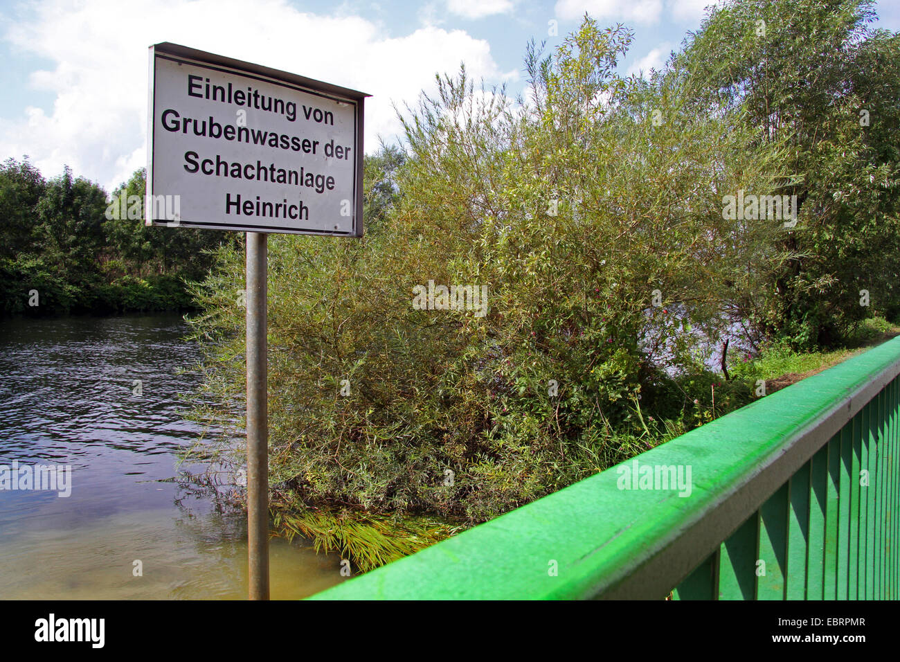 information sign for introduction of mine water into Ruhr river, Germany, North Rhine-Westphalia, Ruhr Area, Essen Stock Photo