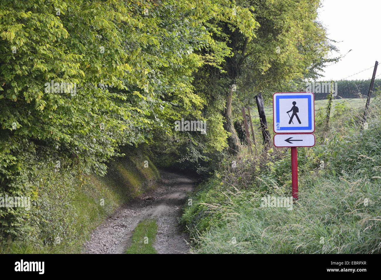 walking path and walking sign, France, Normandy, NeufchÔtel-en-Bray Stock Photo