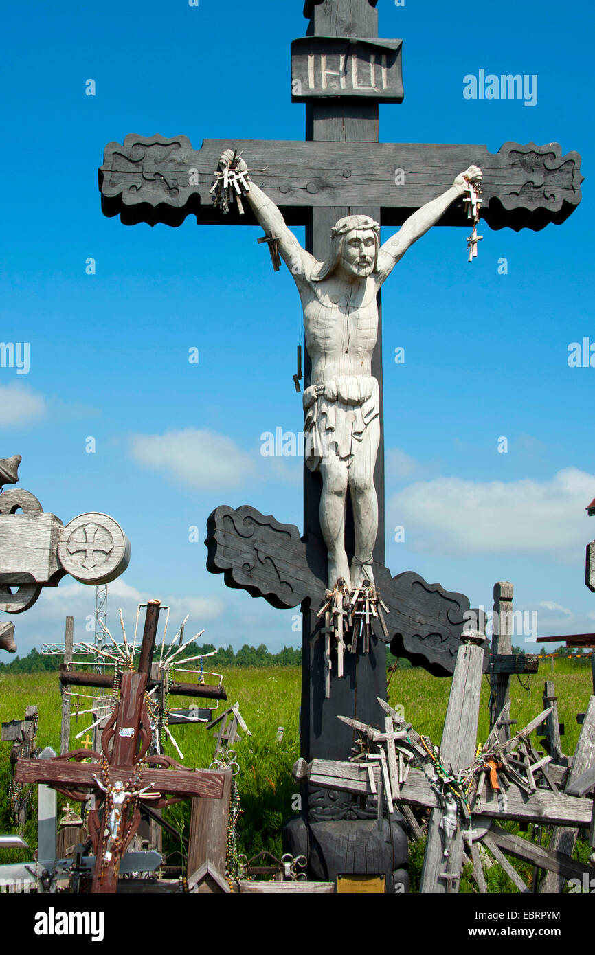 Jesus on the cross on the Hill of Crosses, Lithuania, Siauliai Stock Photo
