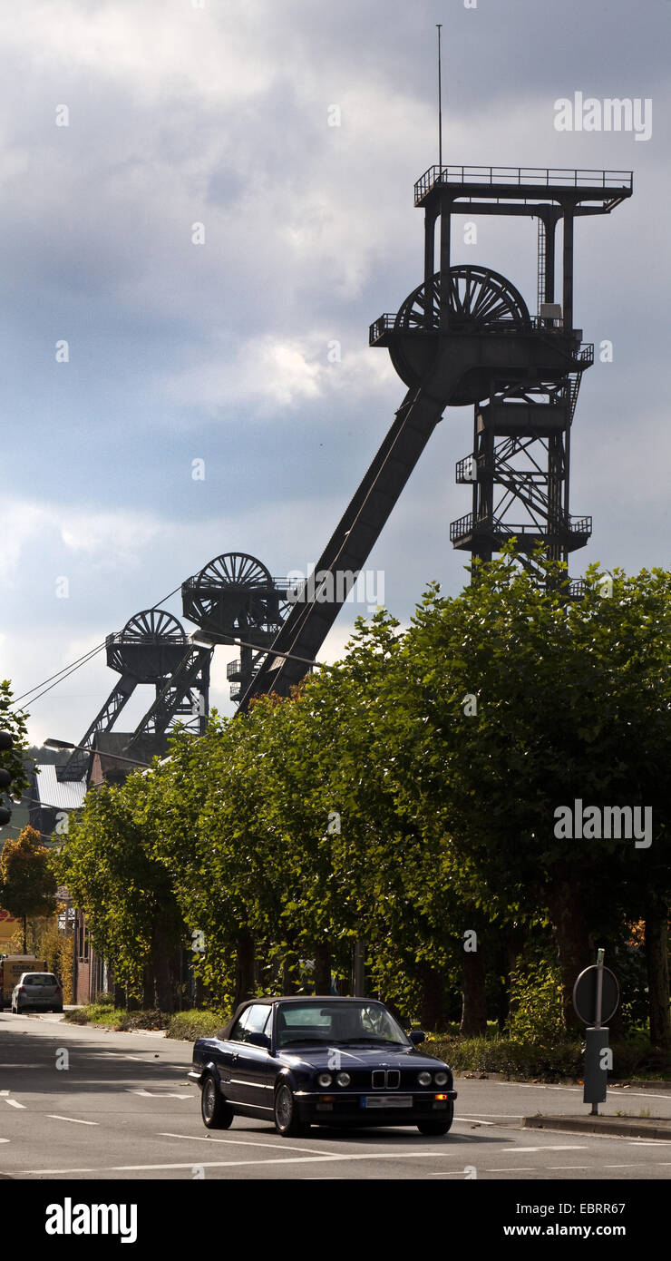 three pit frames of former coal mine Radbod, Germany, North Rhine-Westphalia, Ruhr Area, Hamm Stock Photo