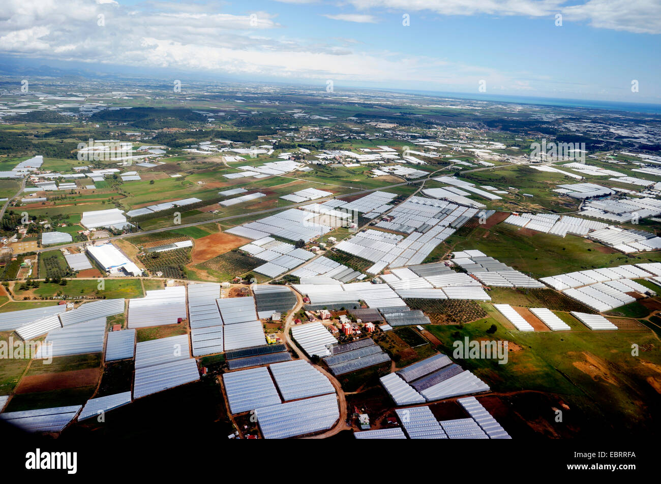 aerial view of an extensive agricultural aria with lots of greenhouses, Turkey, Antalya Stock Photo