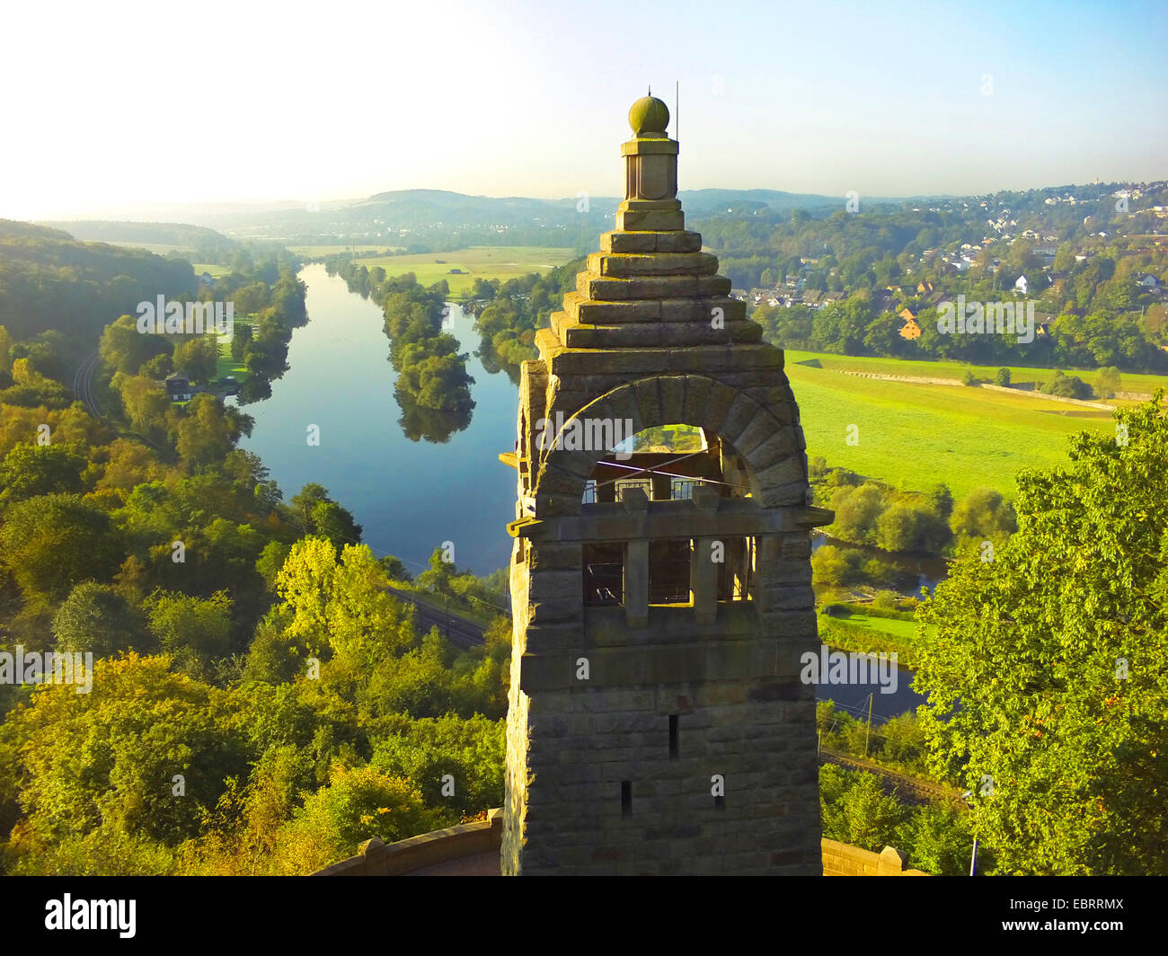 aerial view to Berger monument at the Hohenstein with view on the Ruhr, Germany, North Rhine-Westphalia, Ruhr Area, Witten Stock Photo