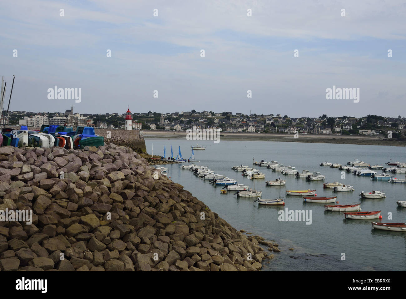 wave breakers protecting the harbour of Erquy, France, Brittany, Erquy Stock Photo