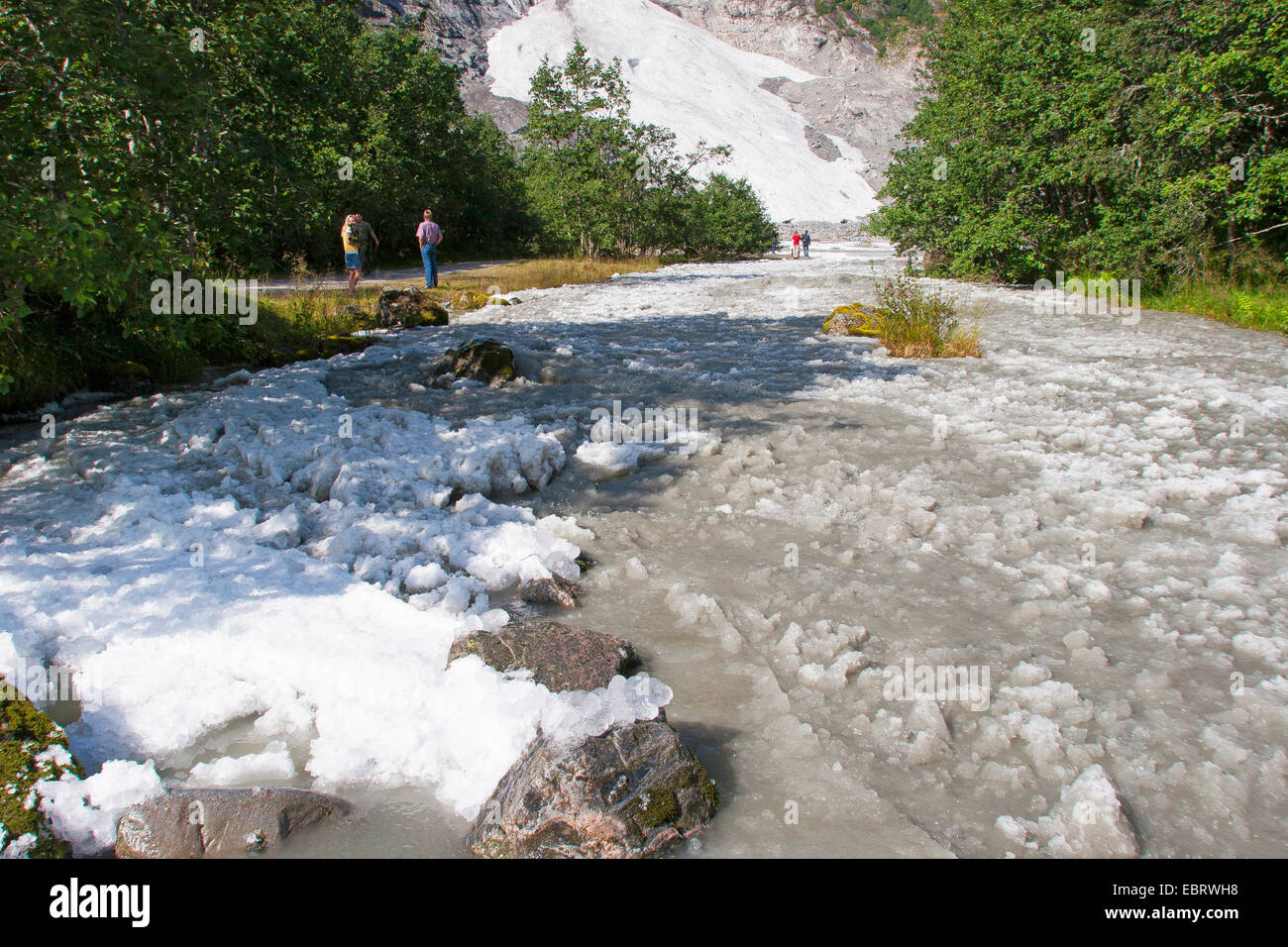 glacier stream with ice from glacier, Norway, Jostedalsbreen National Park, Supphella Stock Photo