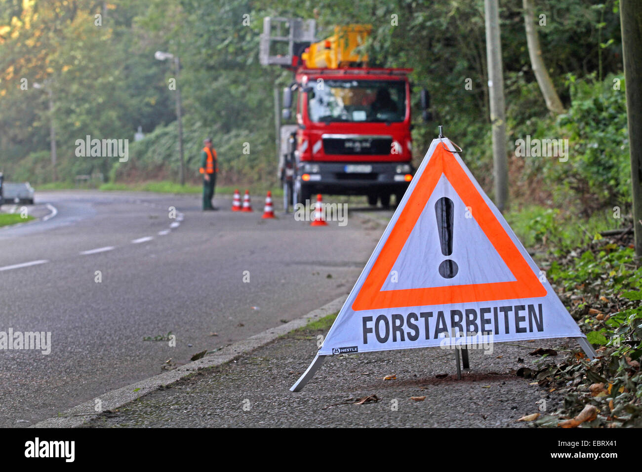 warning sign against forest works roadsides, Germany Stock Photo