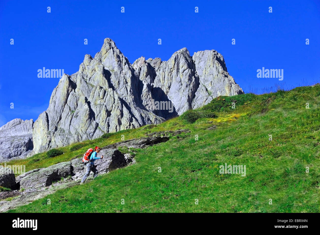 hiker at massif des Cerces at Col des Rochilles, France, Savoie , Hautes-Alpes, Briancon Valloire Stock Photo