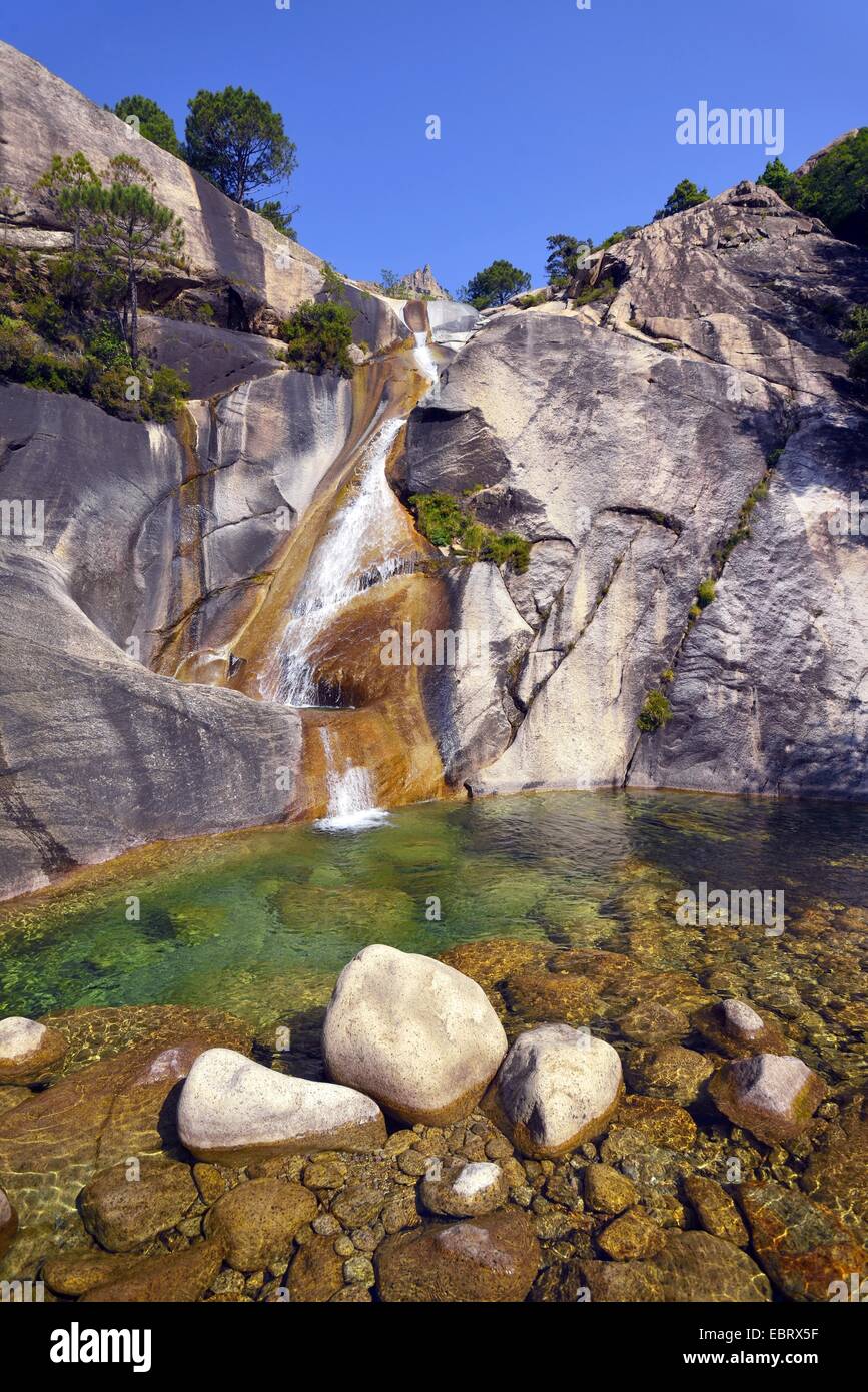 waterfall in the canyon of Purcaraccia in Bavella mountains, France, Corsica, Bavella, Porto Vecchio Zonza Stock Photo