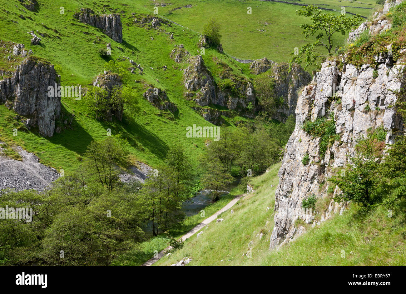 Limestone rocks in the dramatic landscape of Wolfscote Dale in the Peak District. A beautiful summer day. Stock Photo