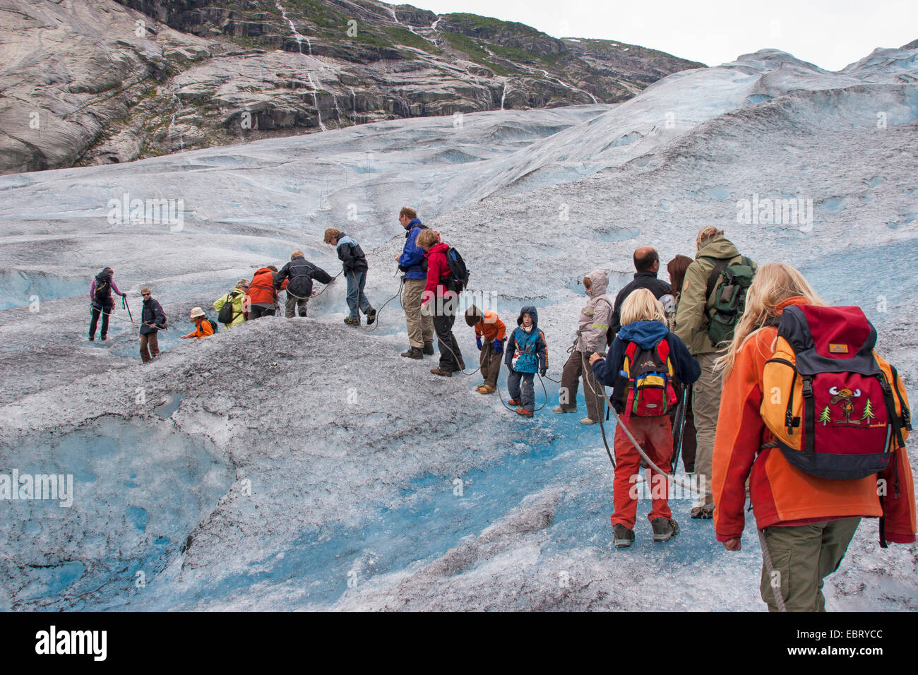 glacier travelling on Nigardsbreen, a glacier arm of Jostedalsbreen glacier, Norway, Jostedalsbreen National Park Stock Photo