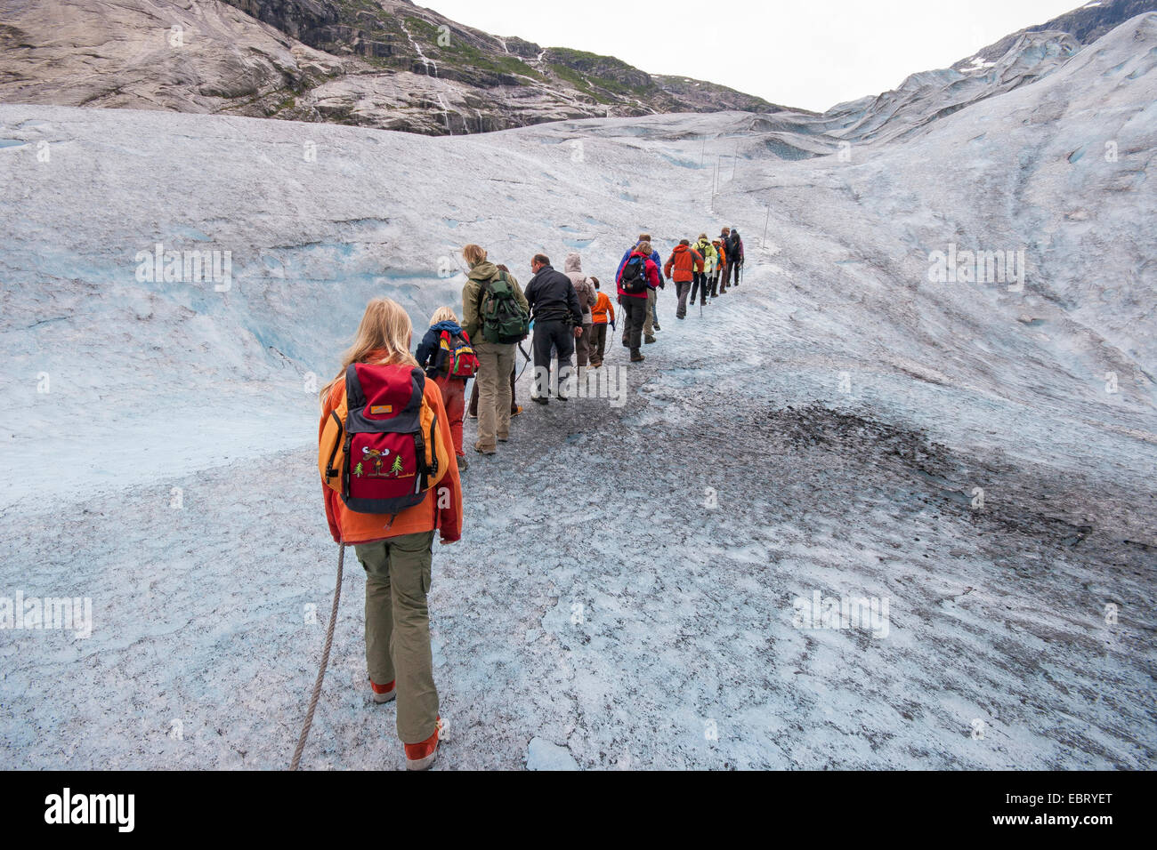 glacier travelling on Nigardsbreen, a glacier arm of Jostedalsbreen glacier, Norway, Jostedalsbreen National Park Stock Photo