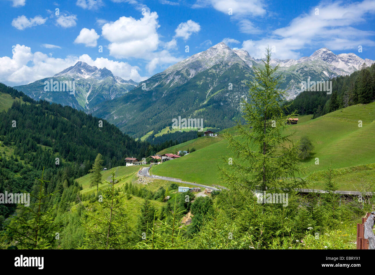 view to mountains Kaiserstein Spitze and Hohes Licht, Austria, Tyrol, Lechtaler Alpen Stock Photo