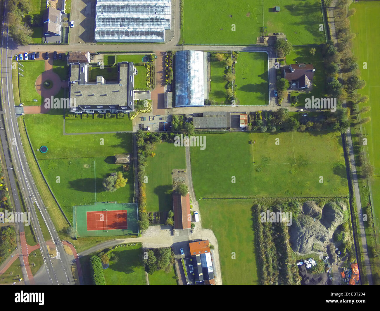 aerial view to apartment complex/hotel surrounded by meadows, Netherlands, South Holland, Noordwijk Stock Photo