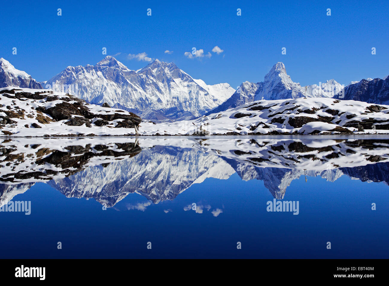Nuptse, Mount Everest and Ama Dablam mirroring in Lake Kongde, Nepal, Khumbu Himal Stock Photo