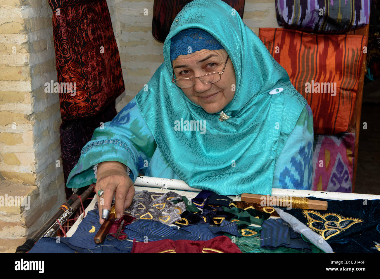 embroiderer, Bukhara, Uzbekistan, Asia Stock Photo