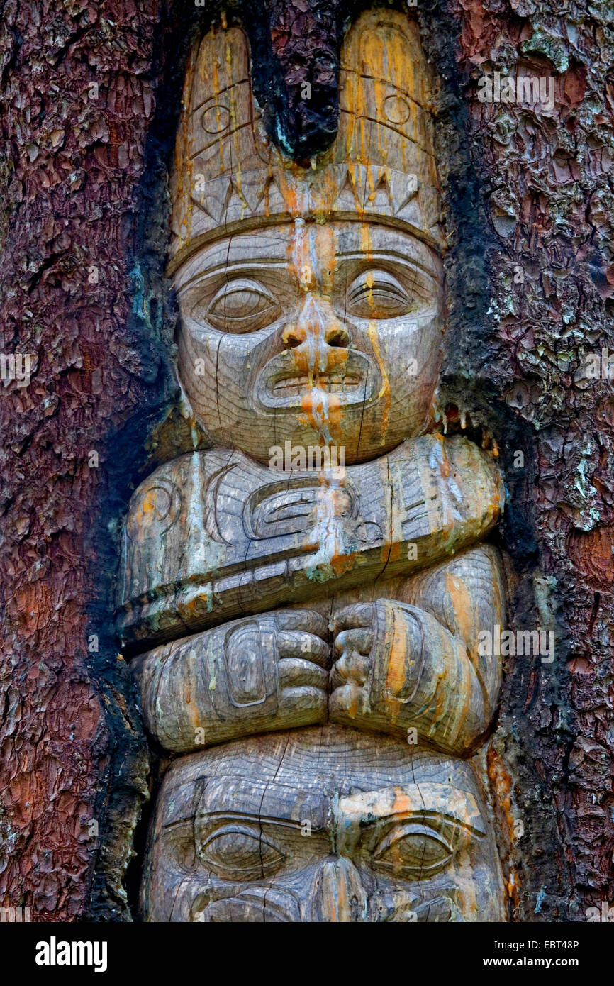 Tlingit carving at the trunk of a living tree symbolising a mythological caretaker, USA, Alaska, Juneau Stock Photo