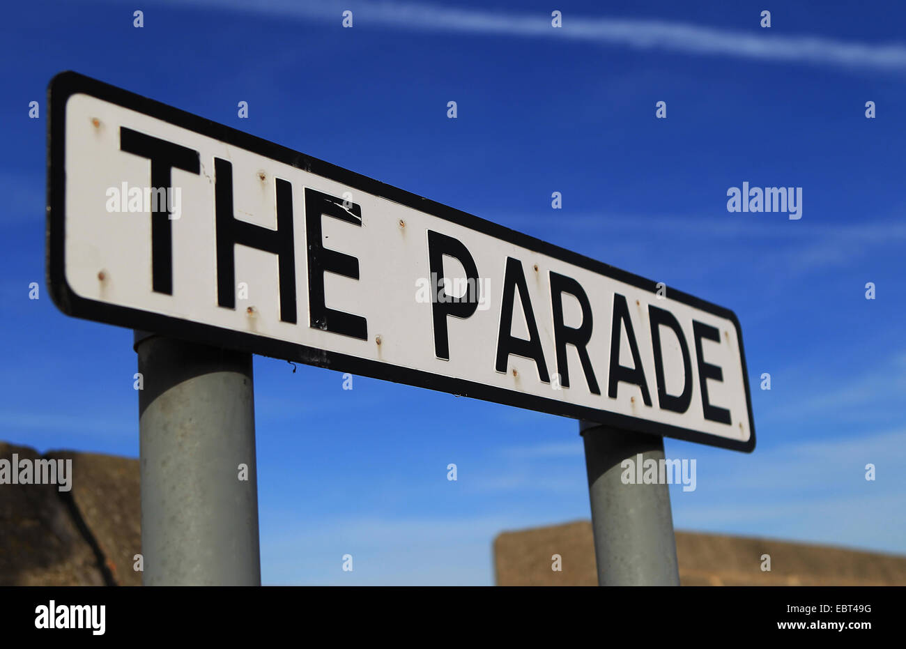 East Kent coast - Minnis Bay, England -  The Parade street name signpost with bright blue sky Stock Photo