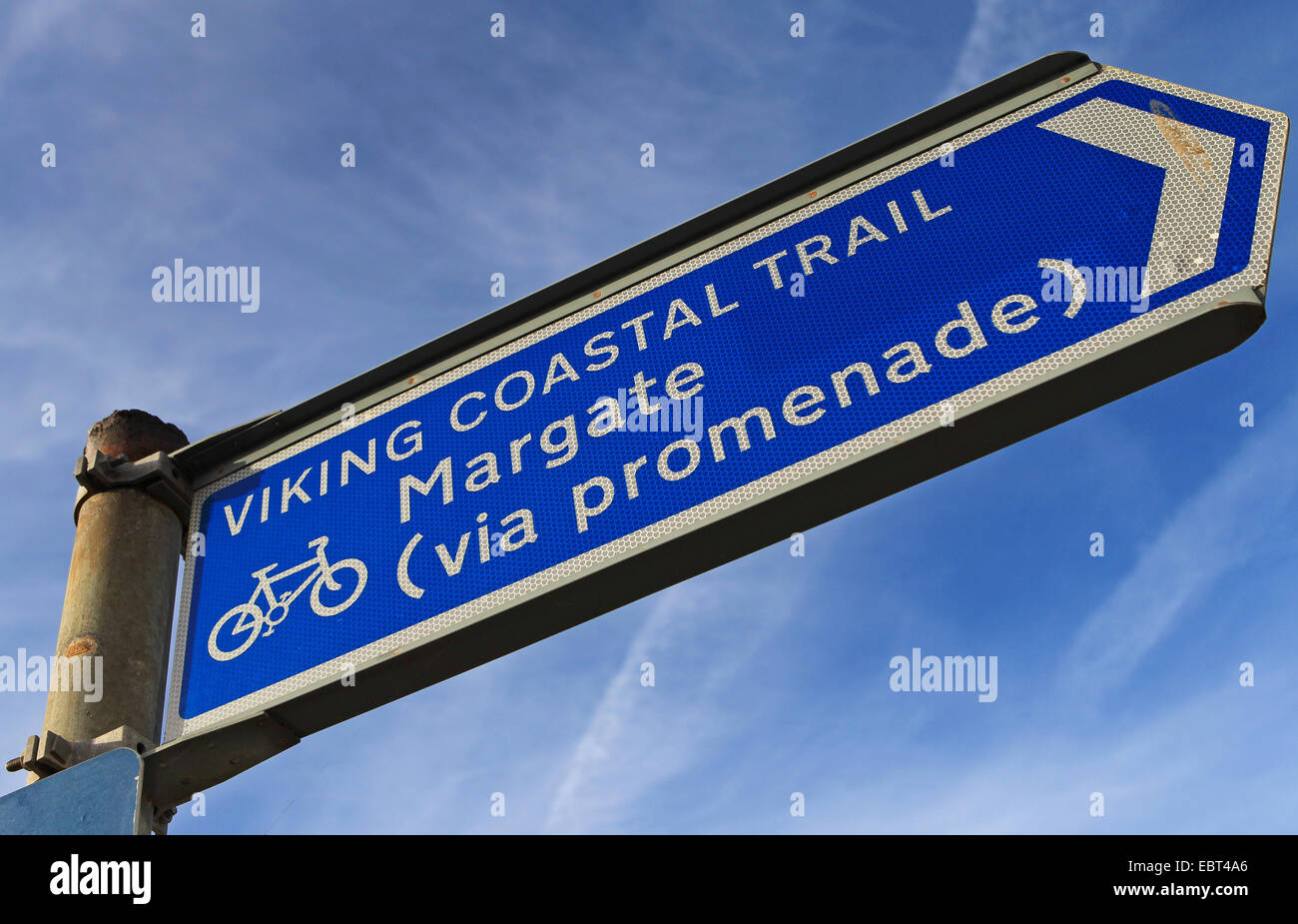 East Kent coast - Minnis Bay, England - Viking Coastal Trail signpost against a bright blue sky Stock Photo