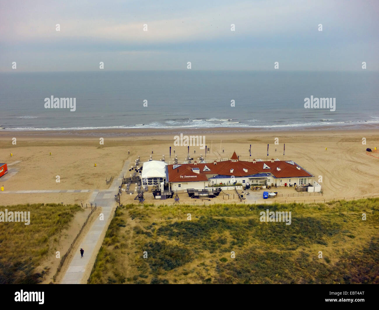 aerial view to a beach pavilion at the North Sea Coast, Netherlands, South Holland, Noordwijk aan Zee Stock Photo