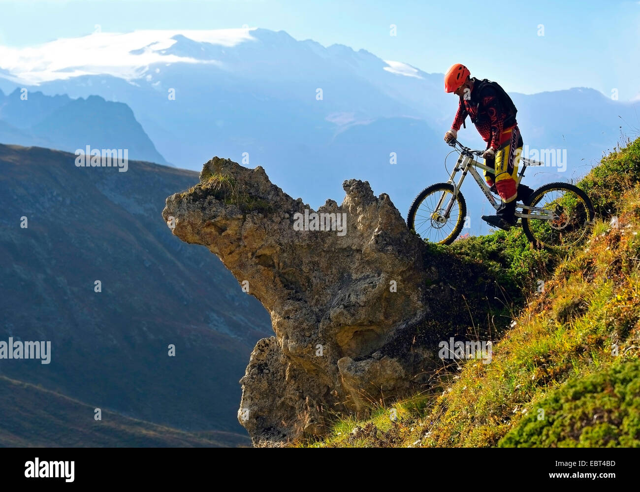 mountainbiker in the mountain range, France, Savoie Stock Photo