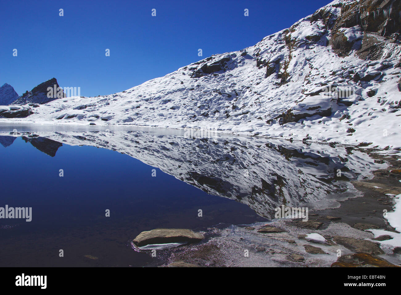 mountain slope mirroring in Lake Kongde, Nepal, Khumbu Himal, Himalaya Stock Photo