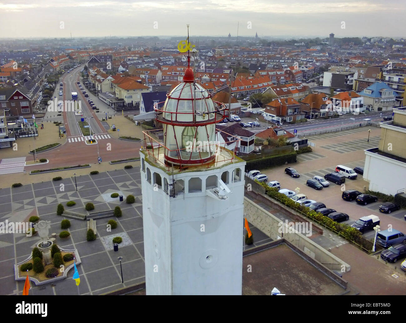aerial view to the top of the lighthouse of Nordwijk, old town in background, Netherlands, Noordwijk aan Zee Stock Photo