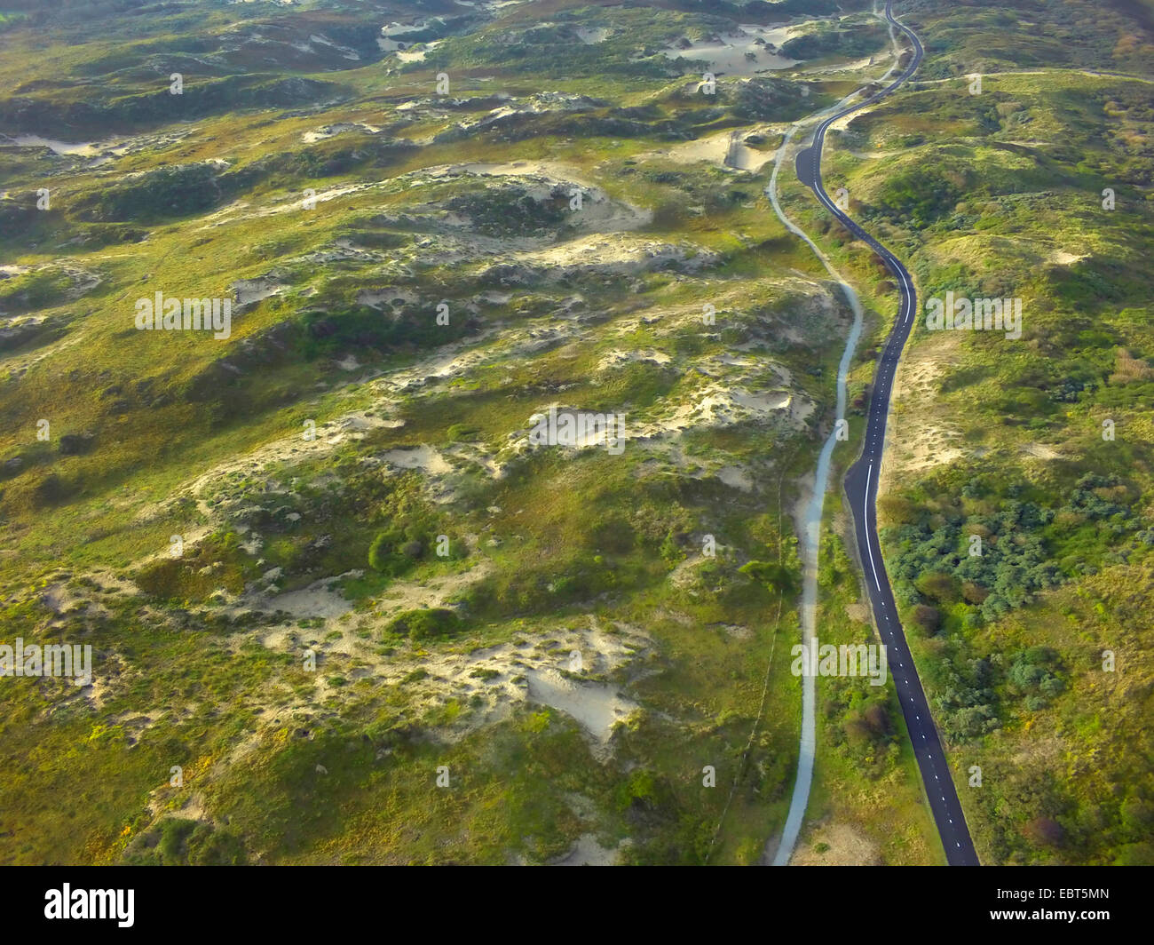 aerial view to road and bike way in grass-grown dunes at the North Sea ...