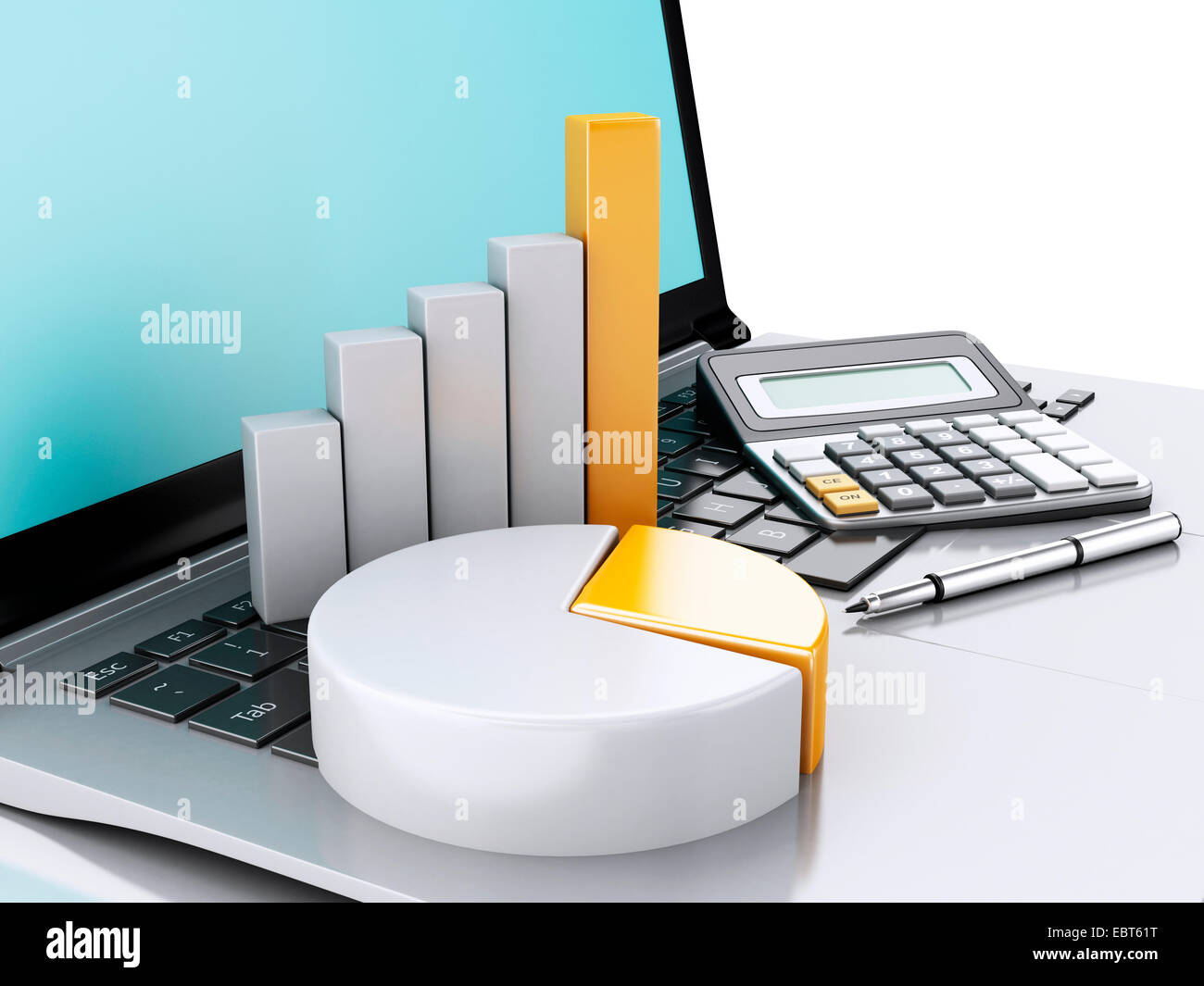 3d illustration render. Laptop with charts and graph. Business office ...