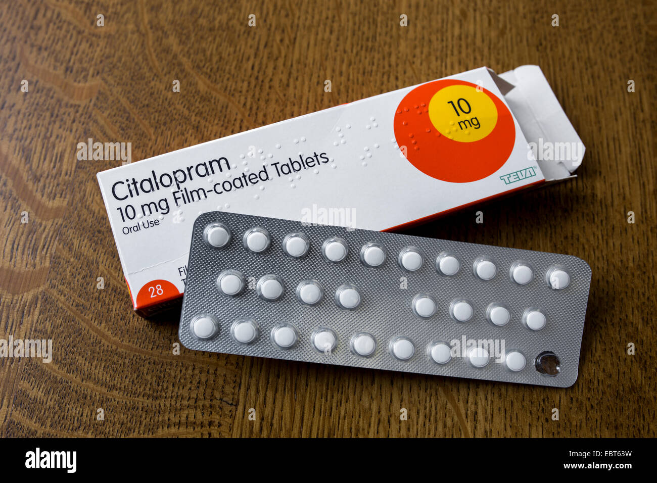 Box of Citalopram 10 mg film coated tablets. Stock Photo