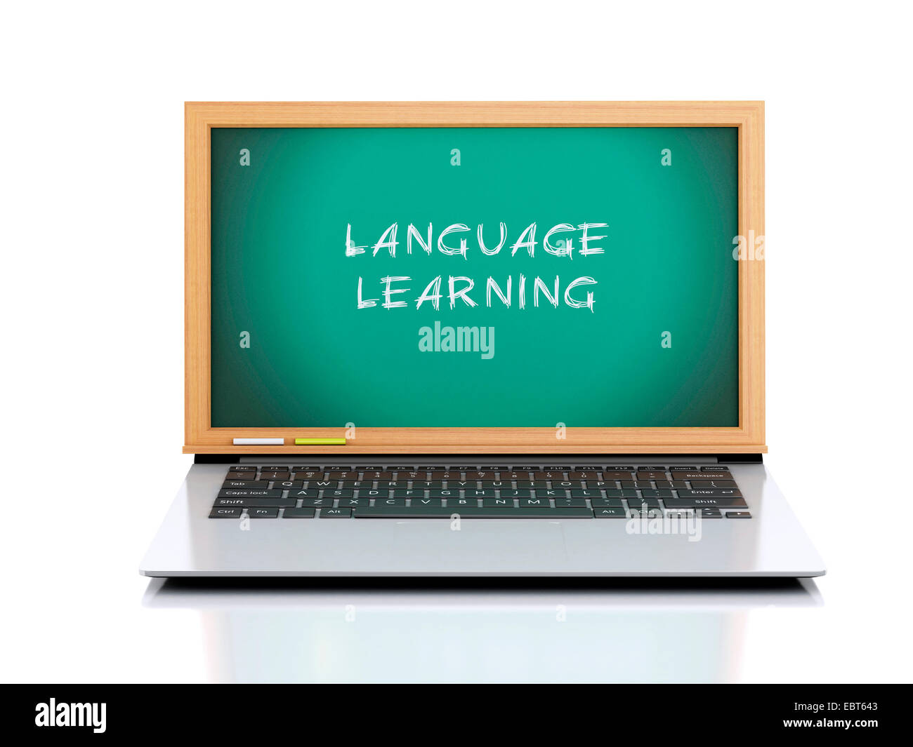 image of Laptop with chalkboard. language learning concept. 3d illustration on white background Stock Photo