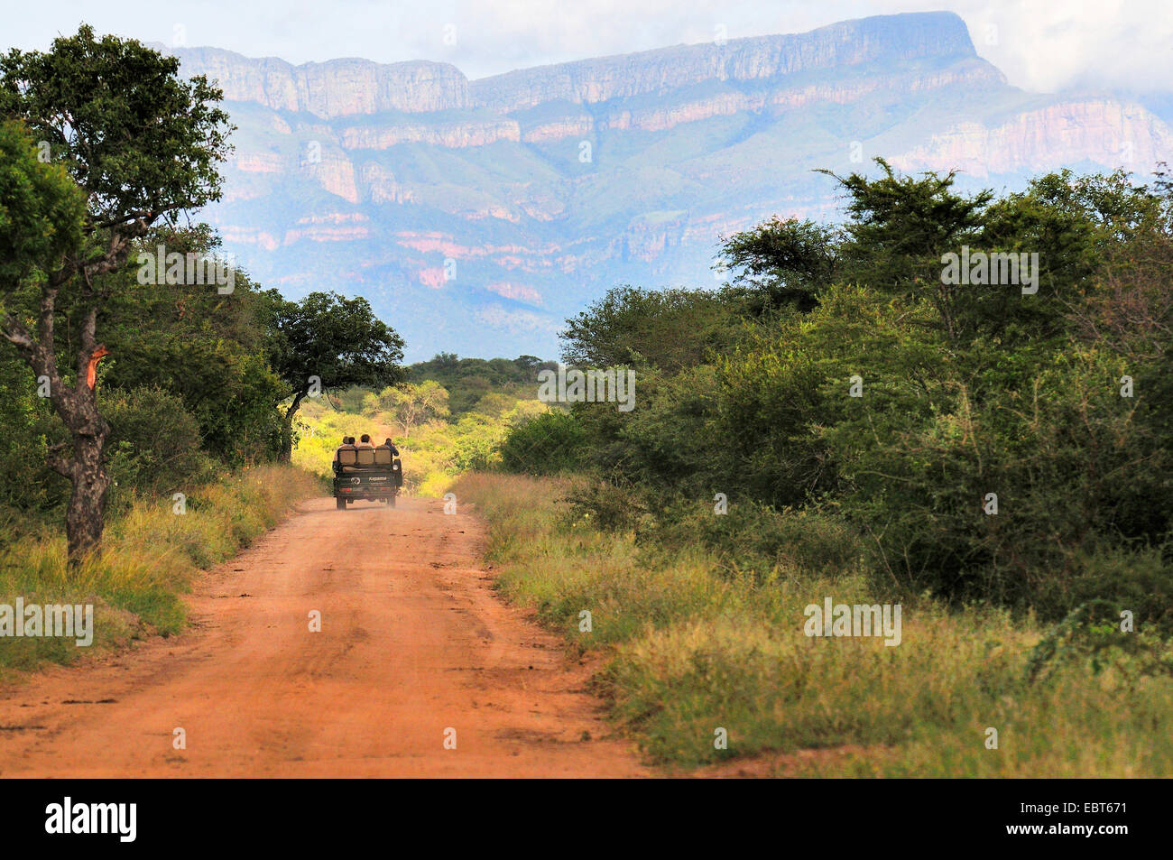 view of a road with car, Drakensberge in the bacaeground, South Africa, Krueger National Park Stock Photo