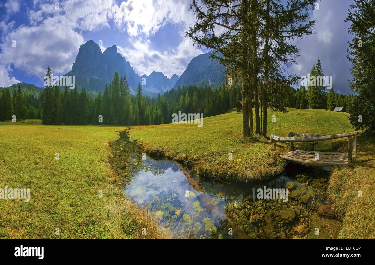Brook Pares winding throught the alpine meadows in the Campill Valley, in the background the Geisler Group, Italy, South Tyrol, Dolomiten , Naturpark Puetz-Geisler Stock Photo