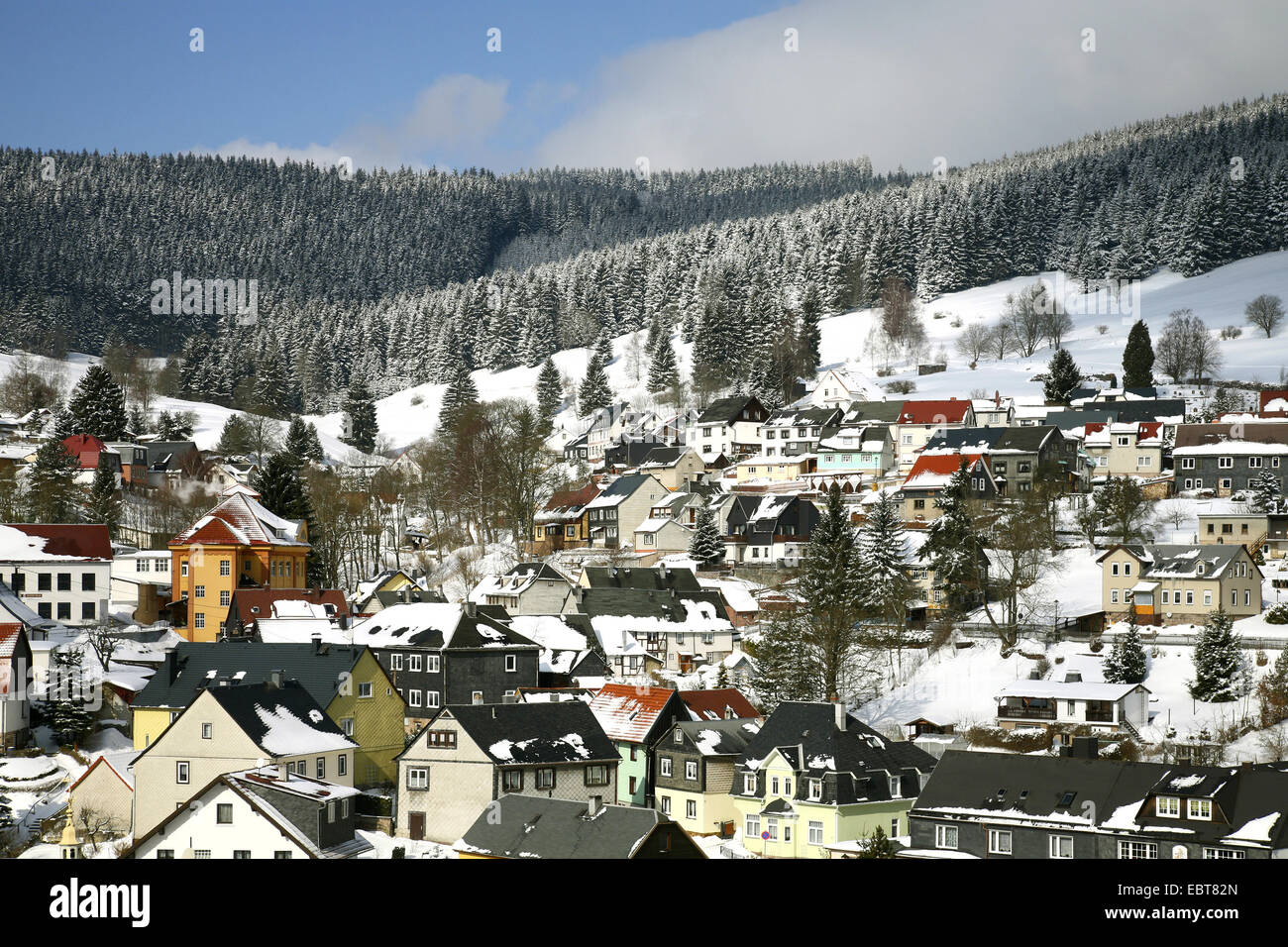 snow covered village in Thuringian Forest, Germany, Thuringia Forest, Manebach Stock Photo