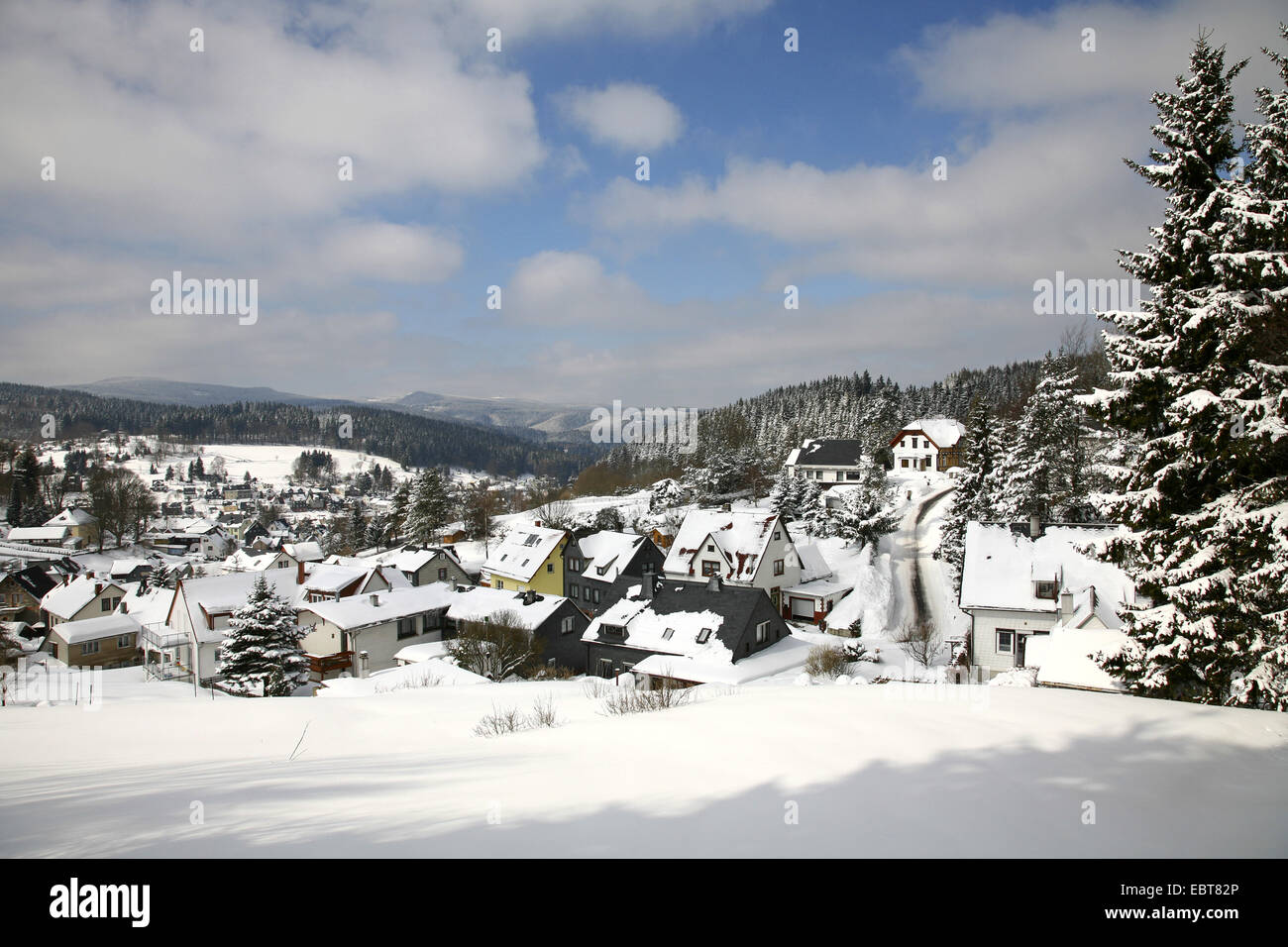 snow covered village in Thuringian Forest, Germany, Thueringer Wald, Stuetzerbach Stock Photo