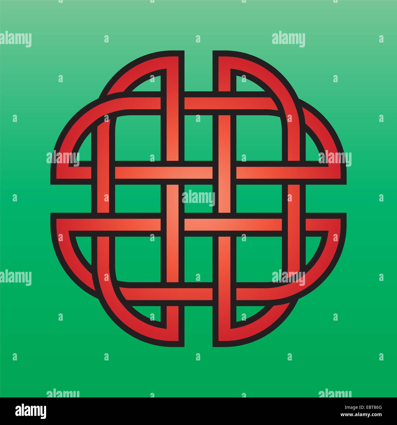 Celtic endless knot red on a green background Stock Photo