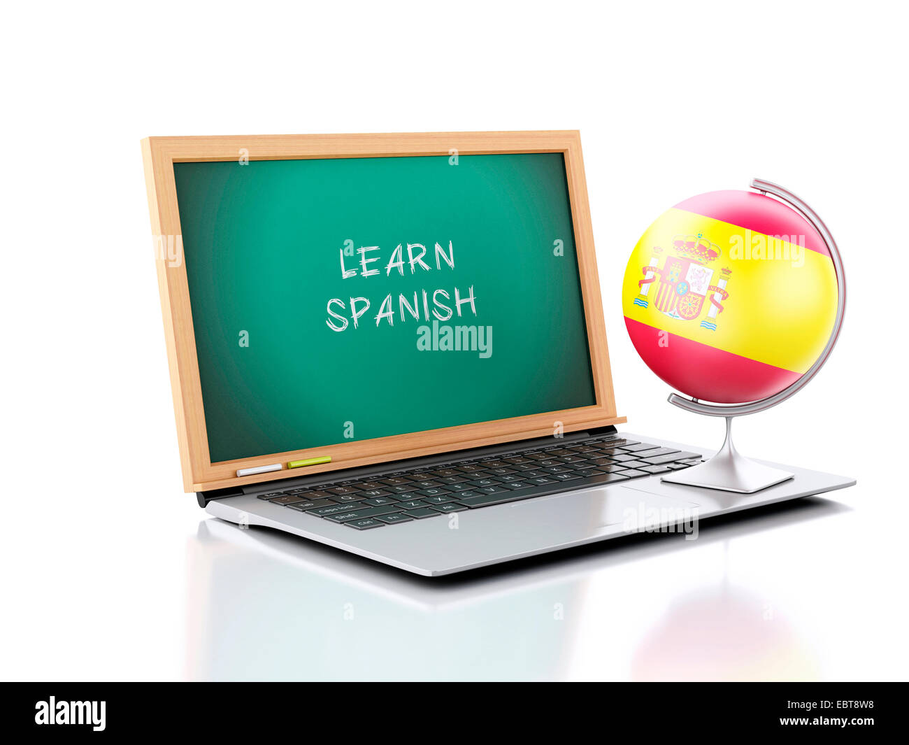 image of Laptop with chalkboard with learn spanish text. 3d