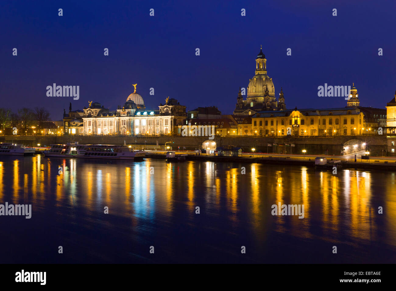 historic old city with Dresden Frauenkirche and Academy of Fine Arts at night, Germany, Saxony, Dresden Stock Photo