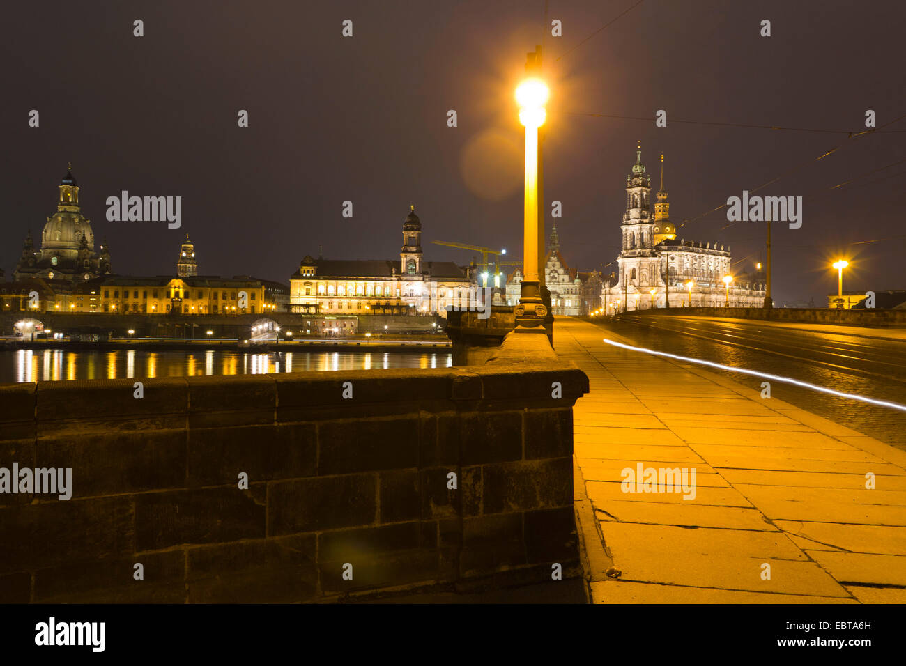 view from Augustus Bridge to Dresden Frauenkirche and  Katholische Hofkirche at night, Germany, Saxony, Dresden Stock Photo