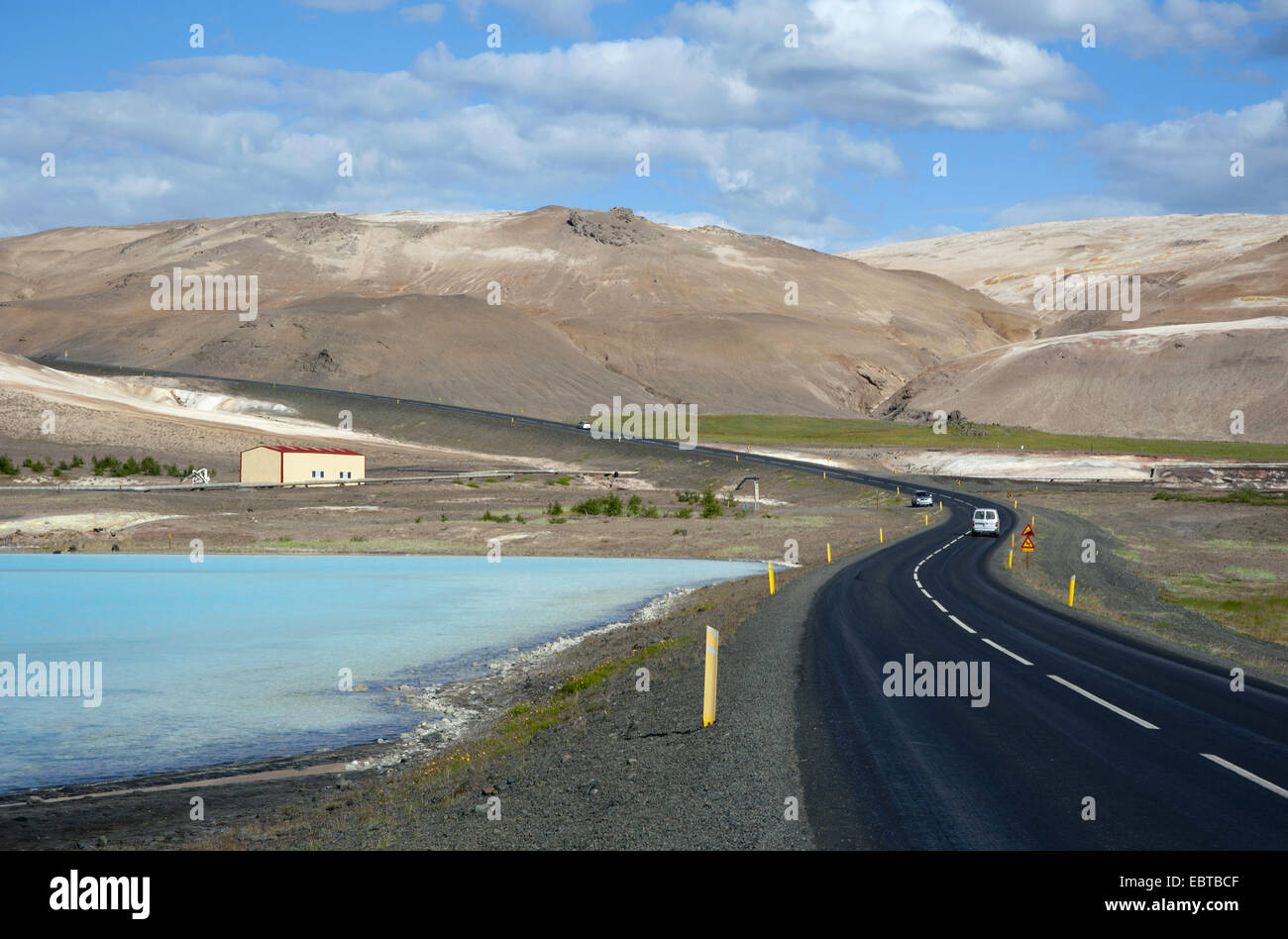 lake of formerly diatomite factory and road to Namafjall, Iceland, Myvatn Stock Photo