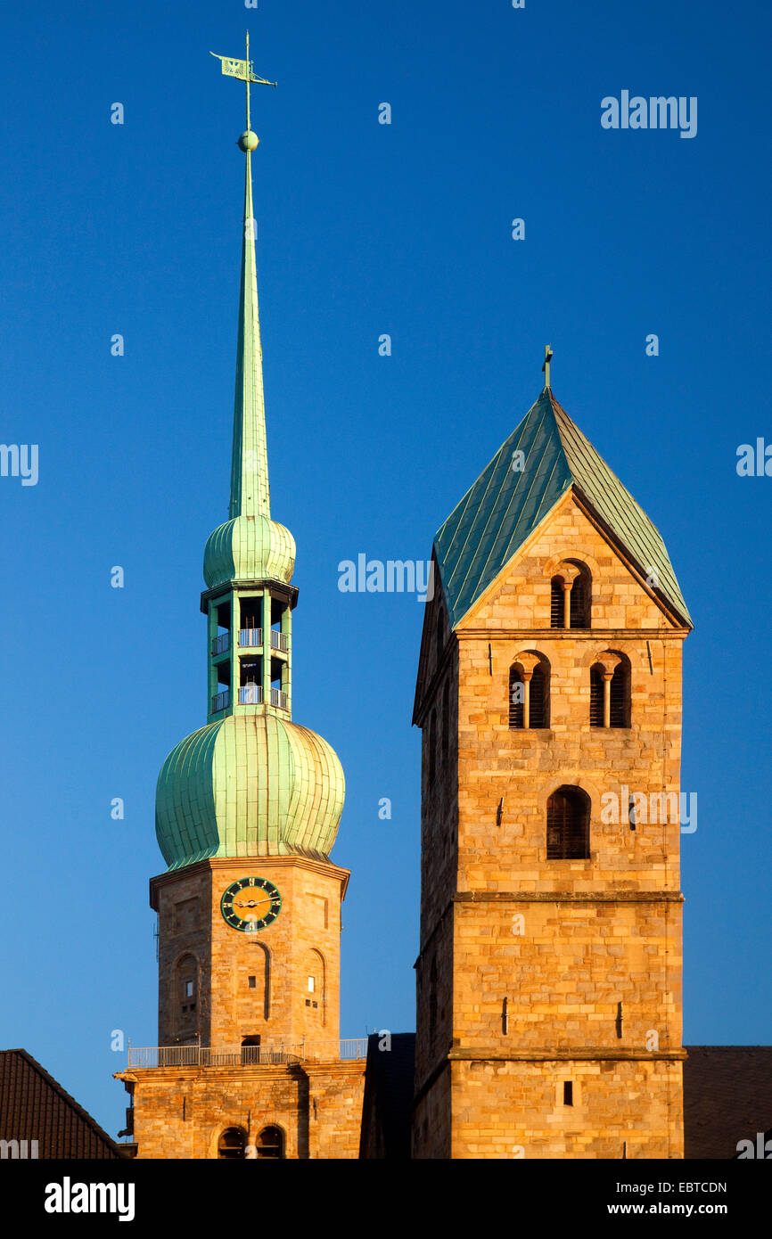 steeples of Protestant Marienkirche and Reinoldikirche , Germany, North Rhine-Westphalia, Ruhr Area, Dortmund Stock Photo