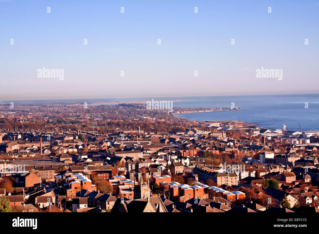 Landscape view of the River Tay Estuary, Broughty Ferry and Dundee City in early Winter Sunshine, UK Stock Photo