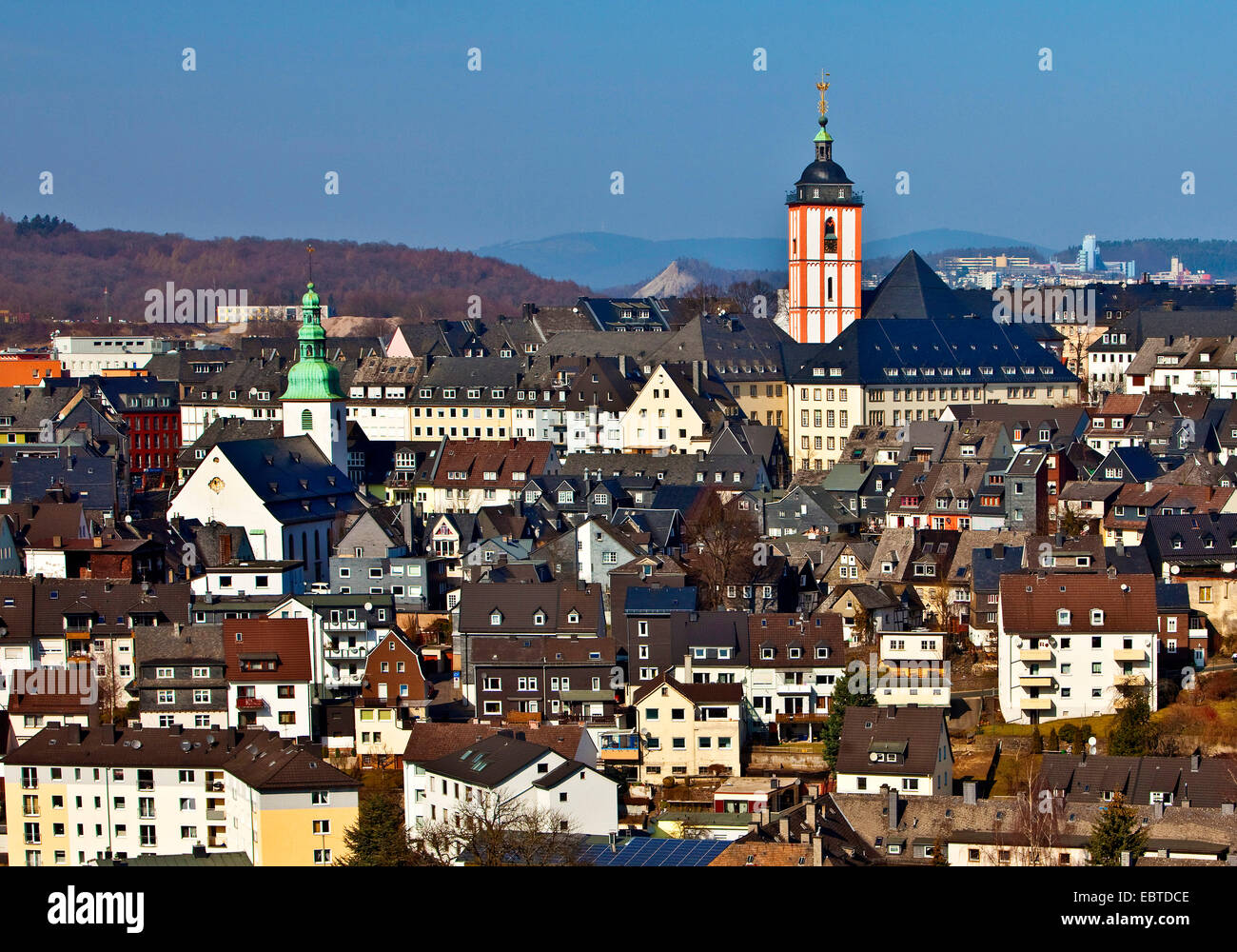 view to old city with Church of St. Mary and Church of St. Nicholas, Germany, North Rhine-Westphalia, Siegen Stock Photo