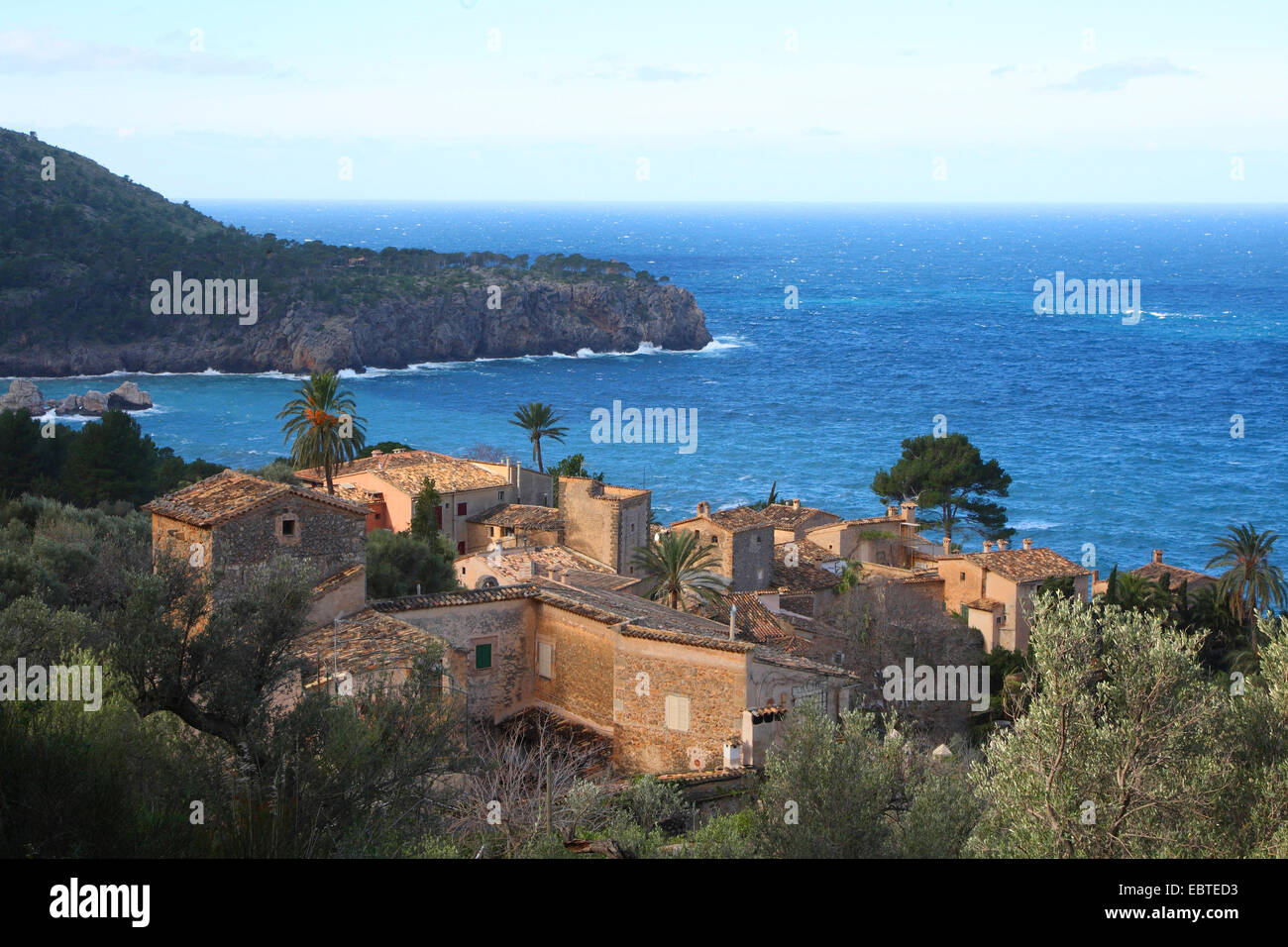 scenic village on the north west coast, Spain, Balearen, Majorca, Cala de Deia Stock Photo