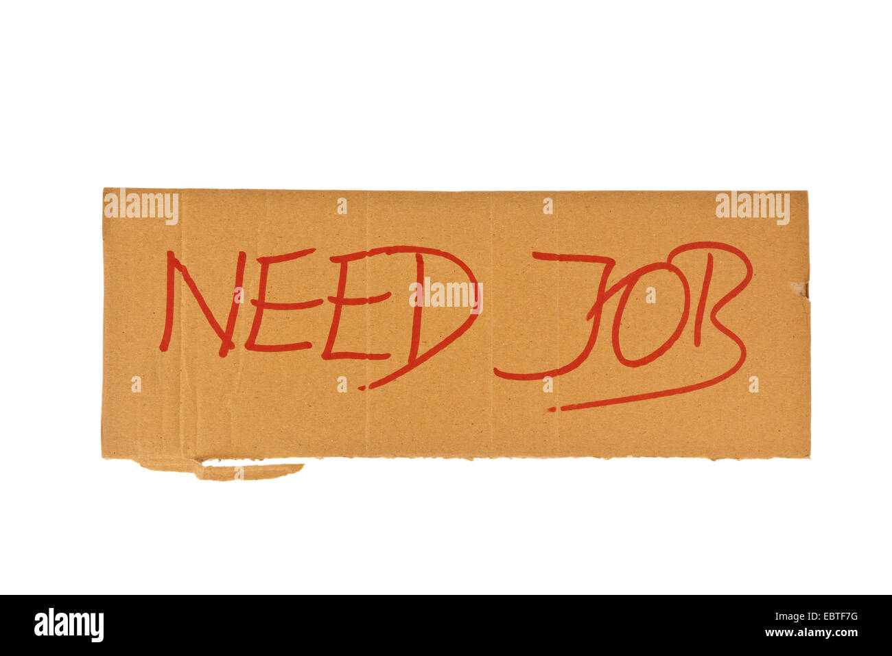 cardboard sign of a homeless person with the inscription 'Need job' Stock Photo